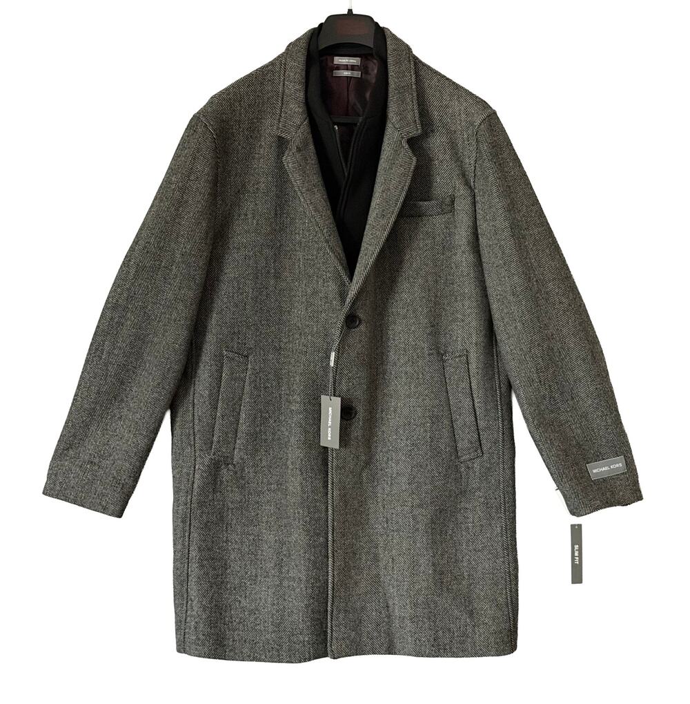 Michael Kors Overcoat Men's 46R Pike Slim Fit Coat Wool Black White Herringbone